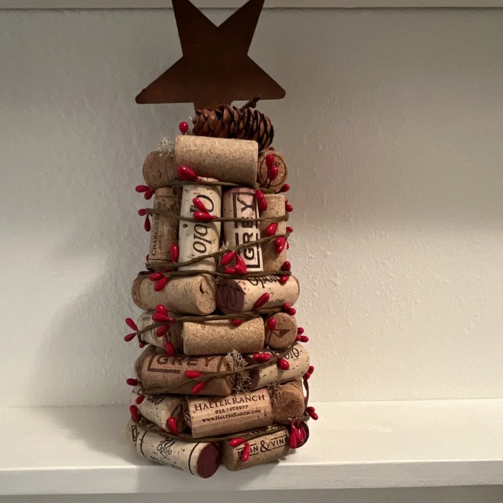 Handmade Wine Cork Christmas Topiary Decorated Tree w/ Metal Star Topper